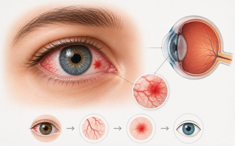 Tek gözde kırmızı nokta ve göz kanlanmasını gösteren bilimsel göz anatomisi çizimi ile subkonjonktival kanama örneği.