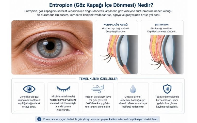 Entropion (göz kapağı içe dönmesi) ile normal göz kapağının karşılaştırmasını gösteren tıbbi illüstrasyon. Göz kapağı içe dönmesi belirtileri, kirpiklerin korneaya temas etmesi ve tedavi süreci hakkında bilgilendirici blog içi görsel.