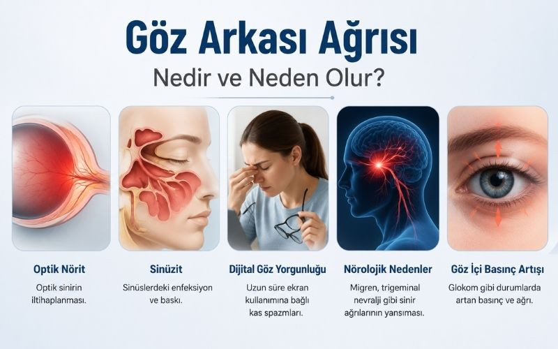 Göz arkası ağrısının başlıca nedenlerini gösteren tıbbi infografik. Optik nörit, sinüzit, dijital göz yorgunluğu, nörolojik hastalıklar ve göz içi basınç artışının göz arkasında ağrıya neden olabileceğini açıklayan blog içi görsel.