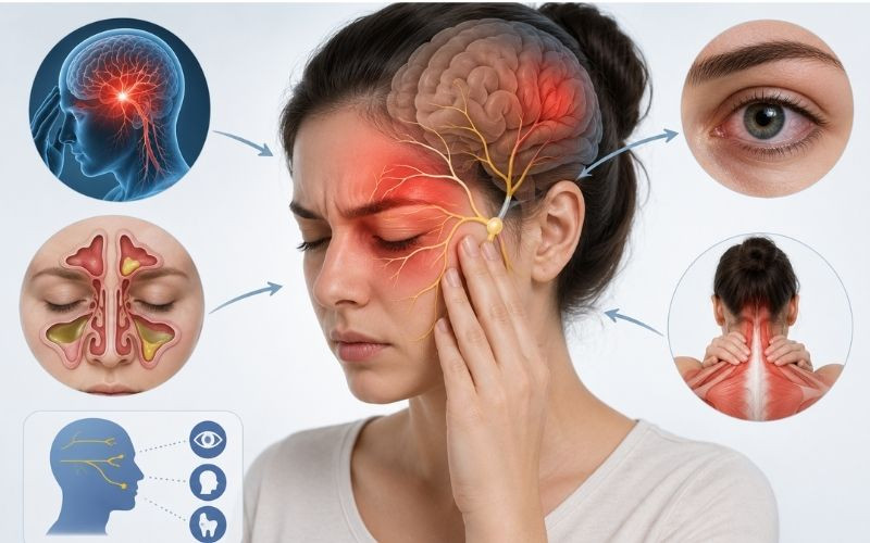 Baş ve göz ağrısının birlikte görülmesine neden olabilen trigeminal sinir bağlantısı, migren, sinüzit, göz hastalıkları ve kas gerginliğini gösteren tıbbi blog içi görsel.