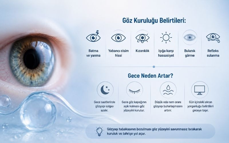 Göz kuruluğunun yaygın belirtilerini ve gece saatlerinde şikayetlerin artmasına neden olan faktörleri özetleyen, gözyaşı tabakası temalı bilgilendirici tıbbi blog içi görsel.