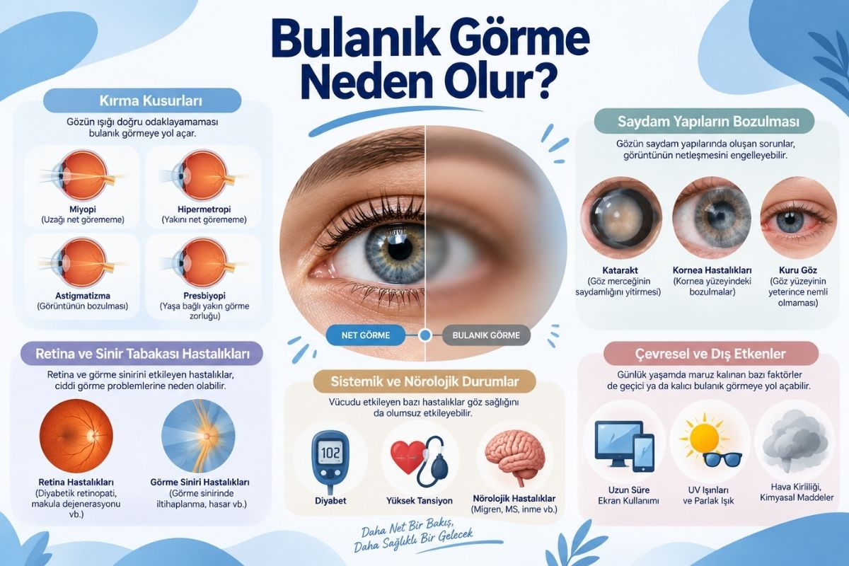 Bulanık görme nedenleri ve göz bulanıklığına yol açan durumları gösteren bilgilendirici görsel