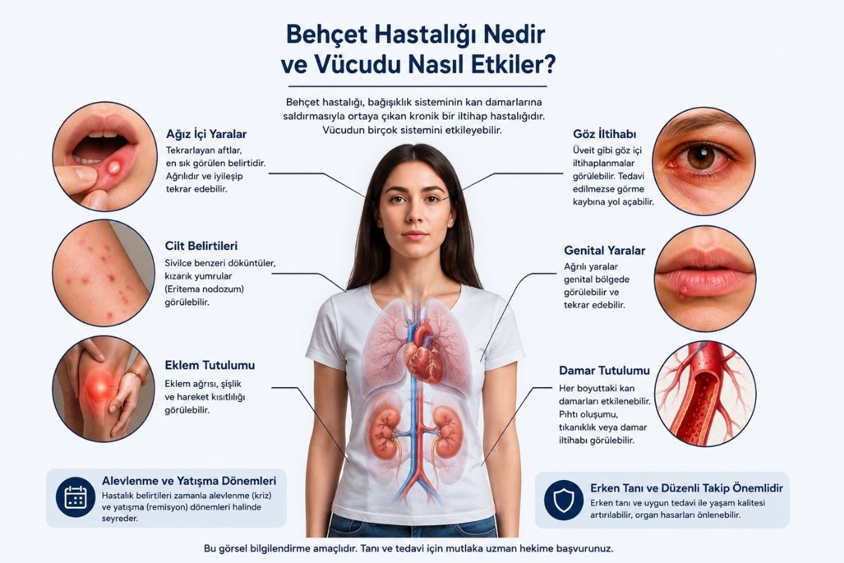 Behçet hastalığının vücuttaki etkilerini gösteren bilgilendirici görsel; ağız aftları, göz iltihabı, cilt belirtileri, eklem tutulumu, genital yaralar ve damar tutulumu.
