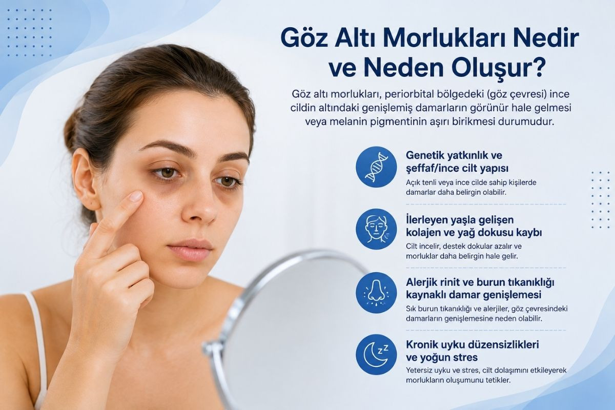 “Göz altı morluklarının genetik yatkınlık, yaşlanma, alerji ve uyku düzensizliği gibi yaygın nedenlerini gösteren bilgilendirici sağlık görseli