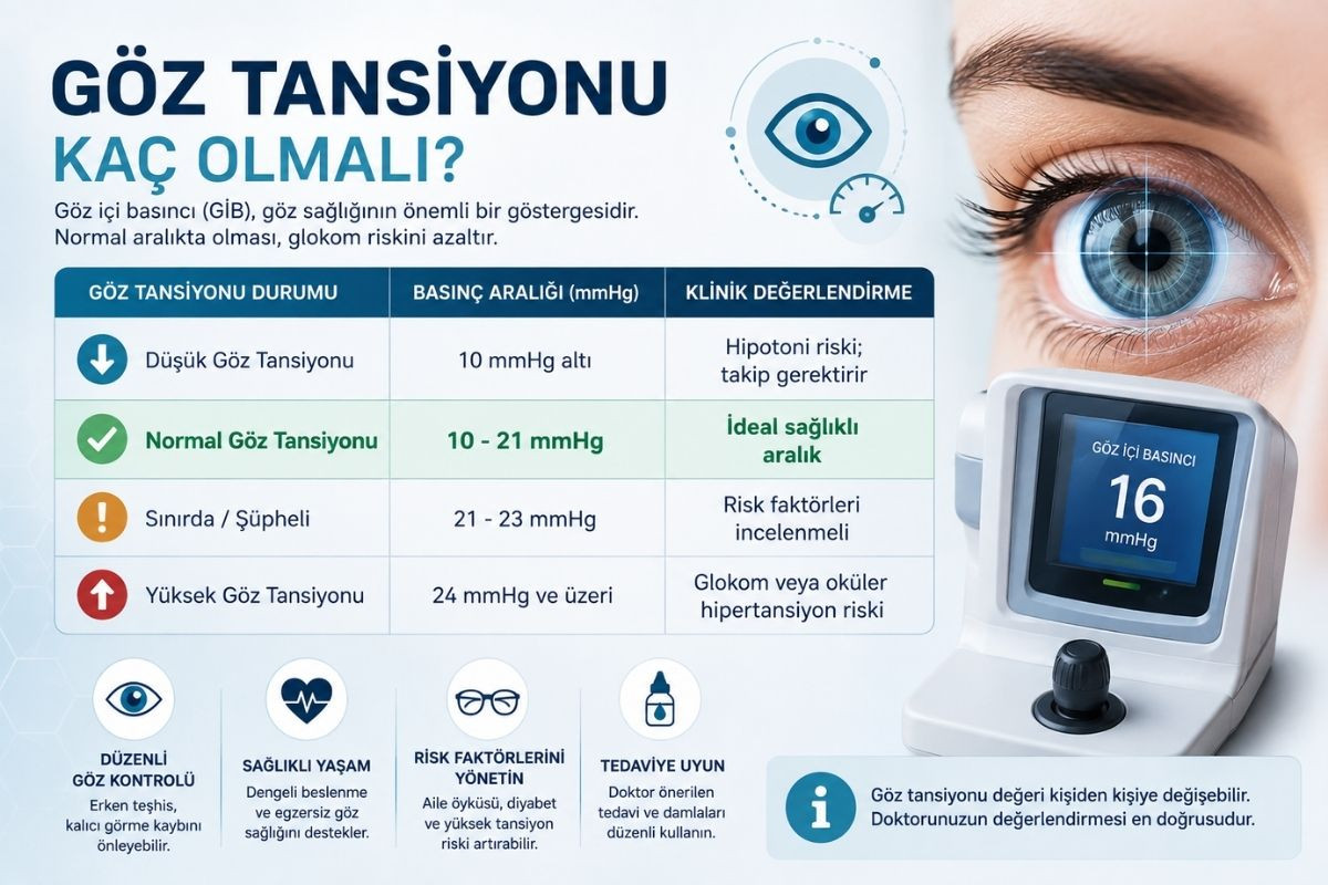 Göz tansiyonu değerlerini ve normal göz içi basıncı aralığını gösteren bilgilendirici tablo