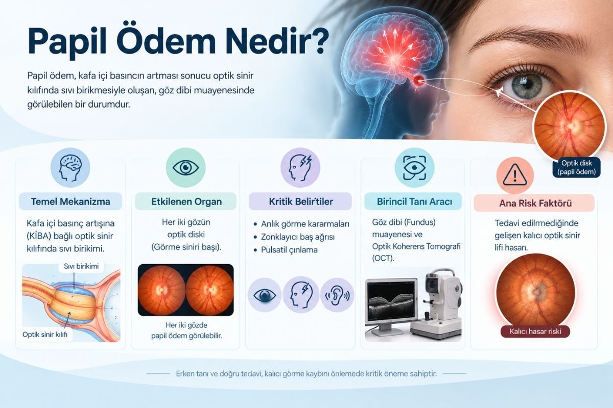 Papil ödem ve kafa içi basınç artışını gösteren tıbbi bilgilendirici görsel