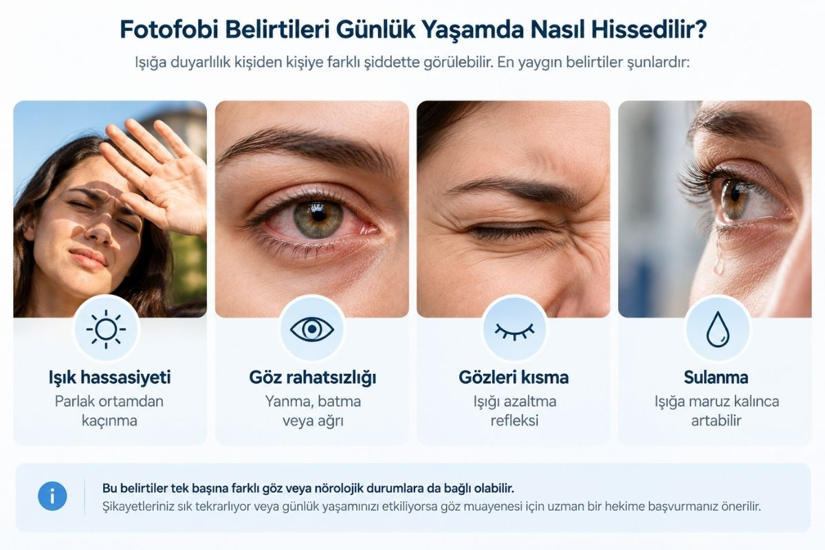 Fotofobi belirtileri: ışık hassasiyeti, göz rahatsızlığı, gözleri kısma ve sulanma