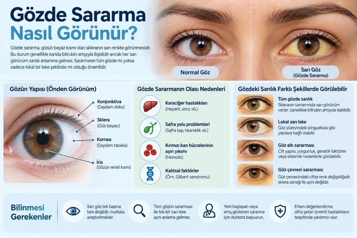 Gözde sararma nasıl görünür? Normal göz ve sarı göz karşılaştırması, göz anatomisi ve göz sararmasının olası nedenleri.